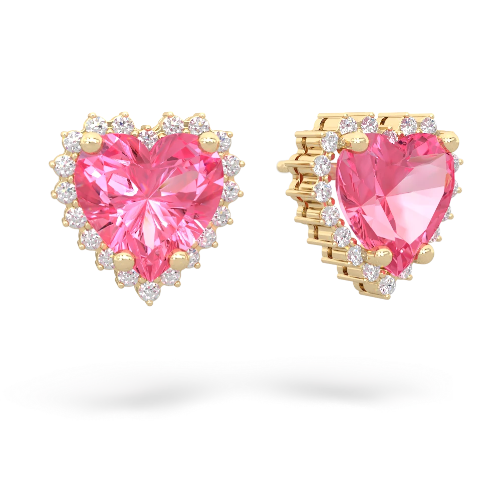 Lab Pink Sapphire Sparkling Halo Heart 14K Yellow Gold earrings E0391