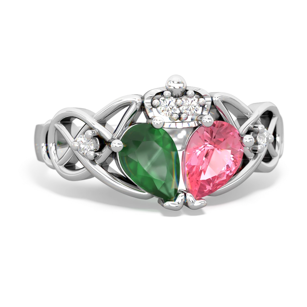 Lab Pink Sapphire 'One Heart' Celtic Knot Claddagh 14K White Gold ring R5322