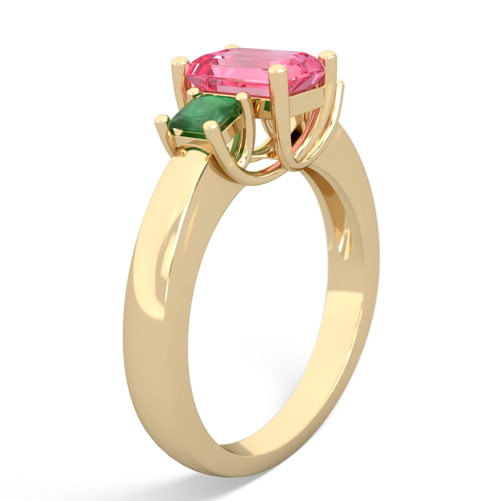 Lab Pink Sapphire Three Stone Emerald-Cut Trellis 14K Yellow Gold ring R4021