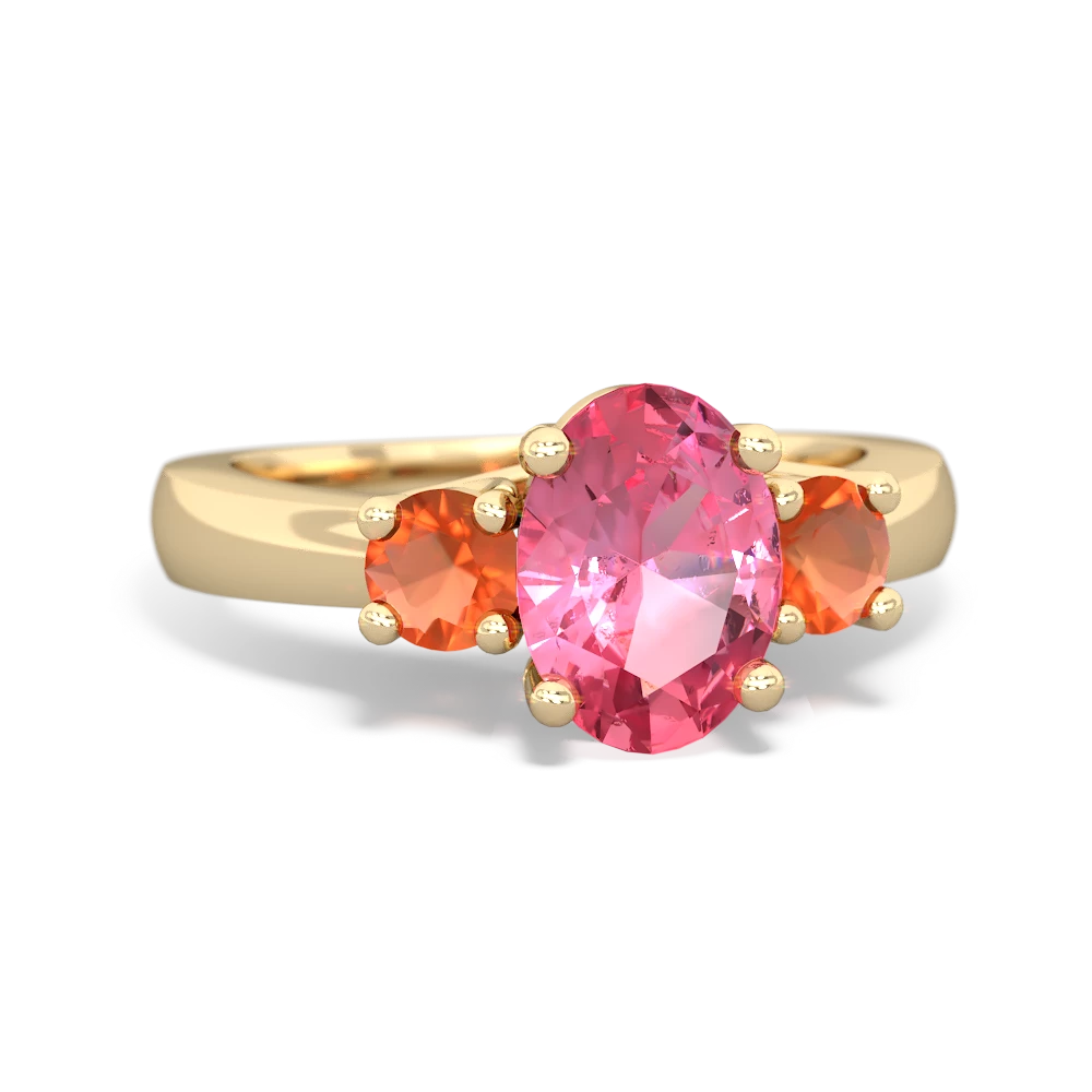 Lab Pink Sapphire Three Stone Oval Trellis 14K Yellow Gold ring R4024