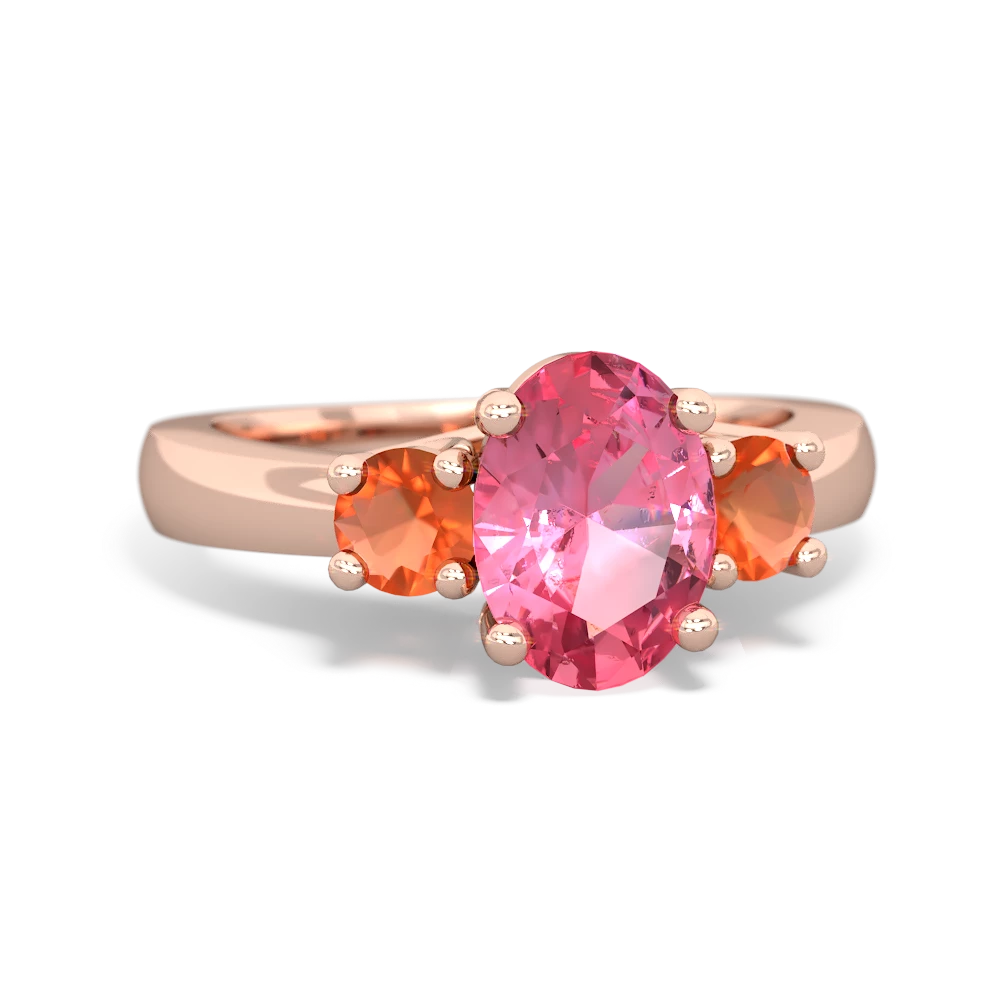 Lab Pink Sapphire Three Stone Oval Trellis 14K Rose Gold ring R4024