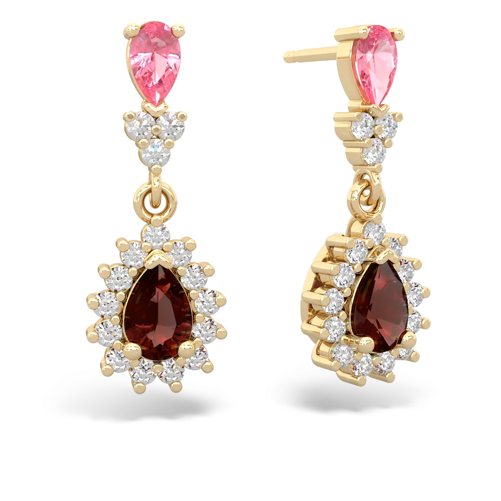 Lab Pink Sapphire Halo Pear Dangle 14K Yellow Gold earrings E1882