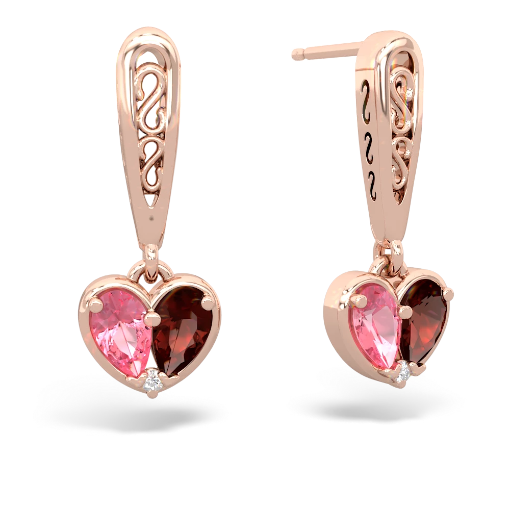 Lab Pink Sapphire Filligree Heart 14K Rose Gold earrings E5070