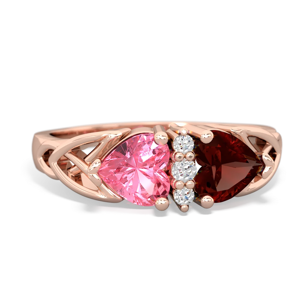 Lab Pink Sapphire Celtic Knot Double Heart 14K Rose Gold ring R5040