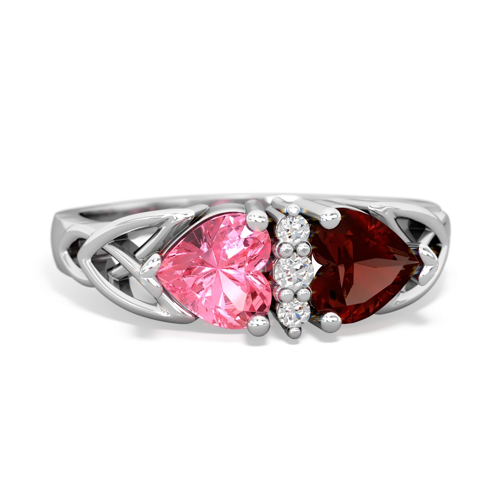 Lab Pink Sapphire Celtic Knot Double Heart 14K White Gold ring R5040