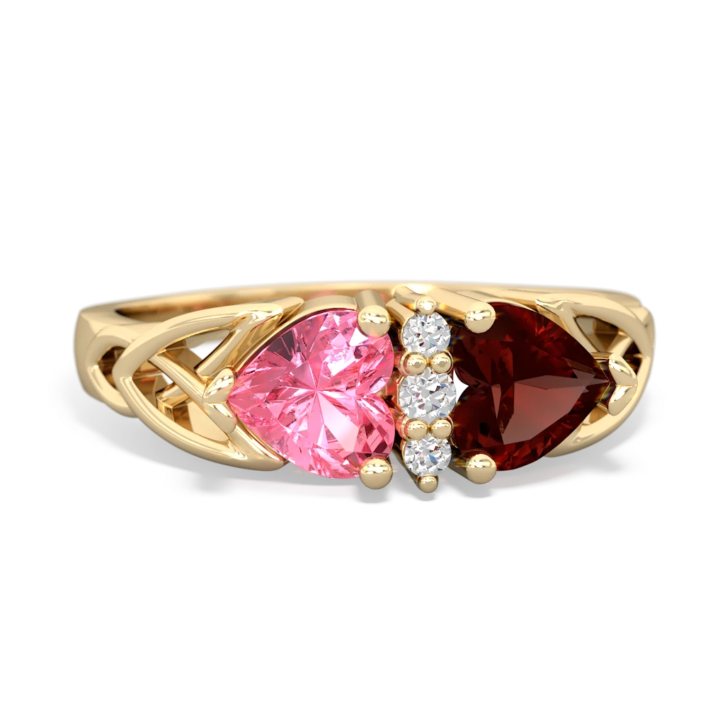 Lab Pink Sapphire Celtic Knot Double Heart 14K Yellow Gold ring R5040