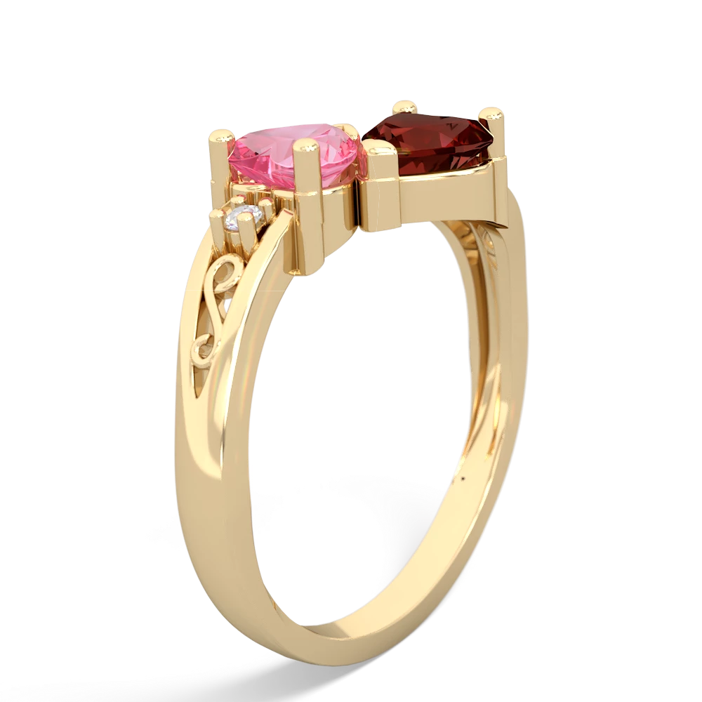 Lab Pink Sapphire Snuggling Hearts 14K Yellow Gold ring R2178