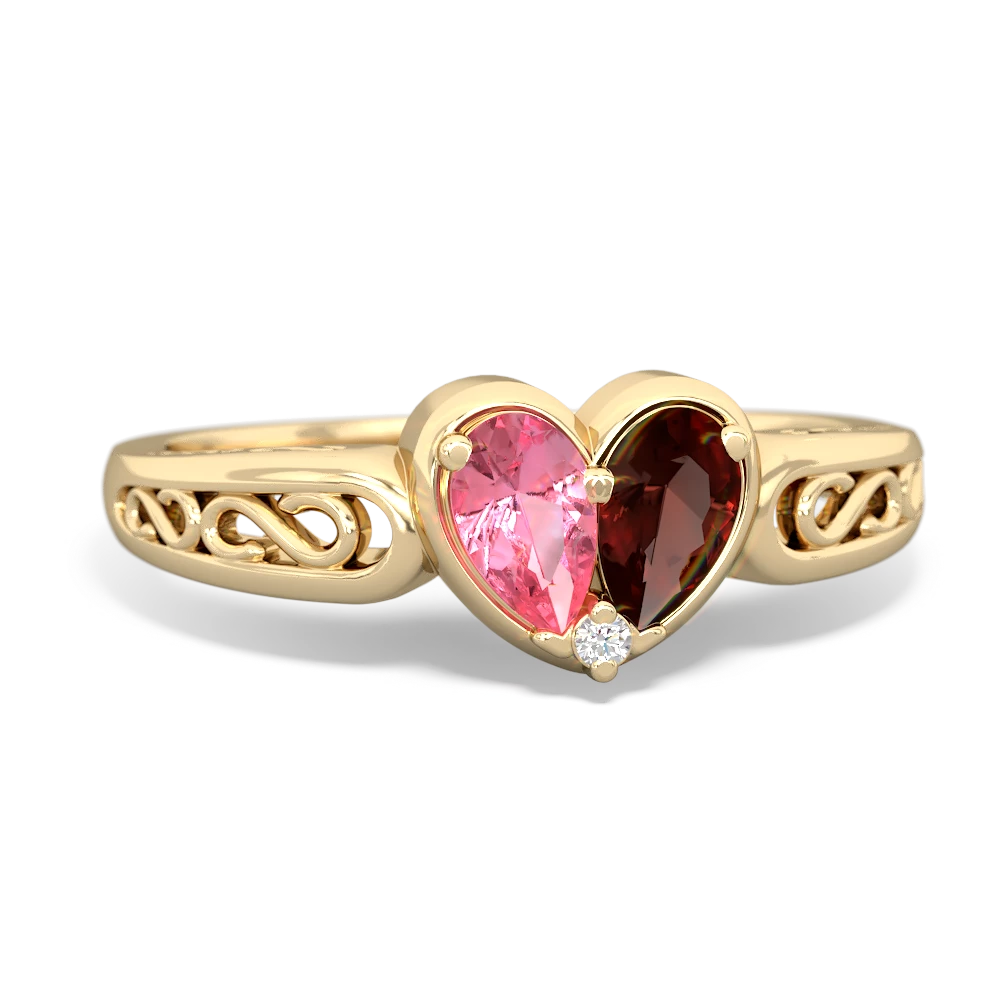 Lab Pink Sapphire Filligree 'One Heart' 14K Yellow Gold ring R5070