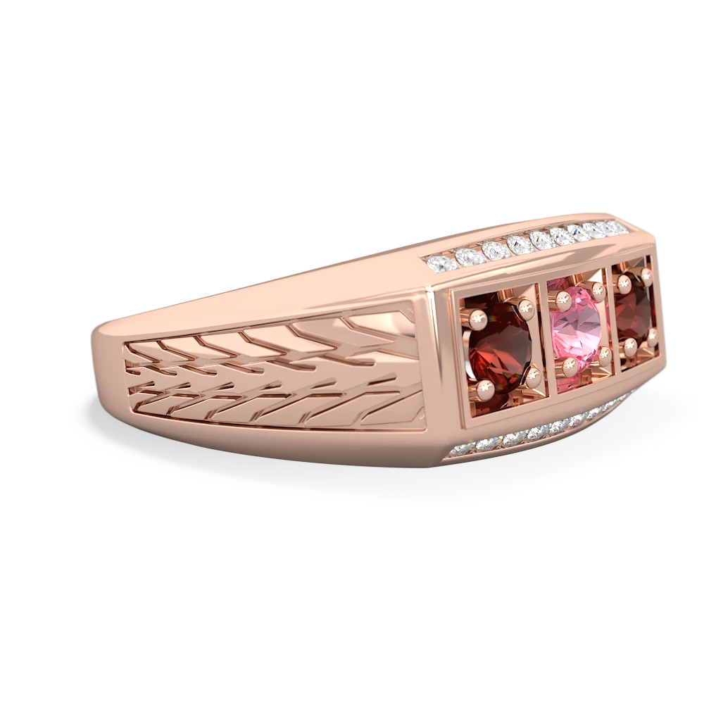 Lab Pink Sapphire Three Stone Tire Tread Men's 14K Rose Gold ring R0520