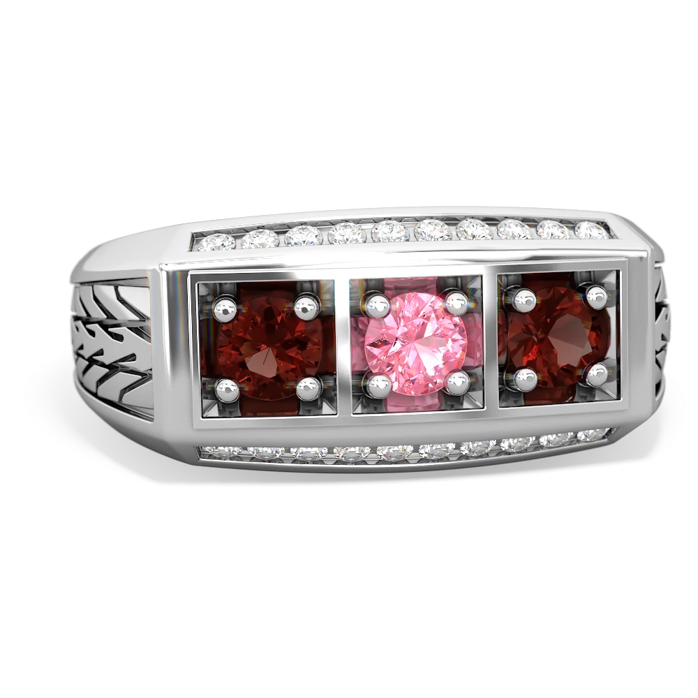 Lab Pink Sapphire Three Stone Tire Tread Men's 14K White Gold ring R0520