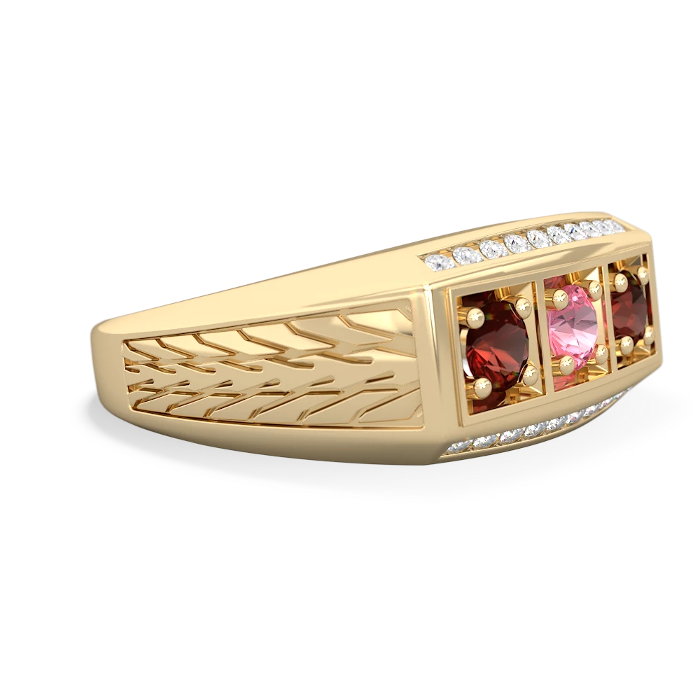 Lab Pink Sapphire Three Stone Tire Tread Men's 14K Yellow Gold ring R0520