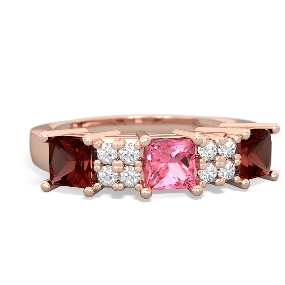 Lab Pink Sapphire Three Stone Diamond Cluster 14K Rose Gold ring R2592