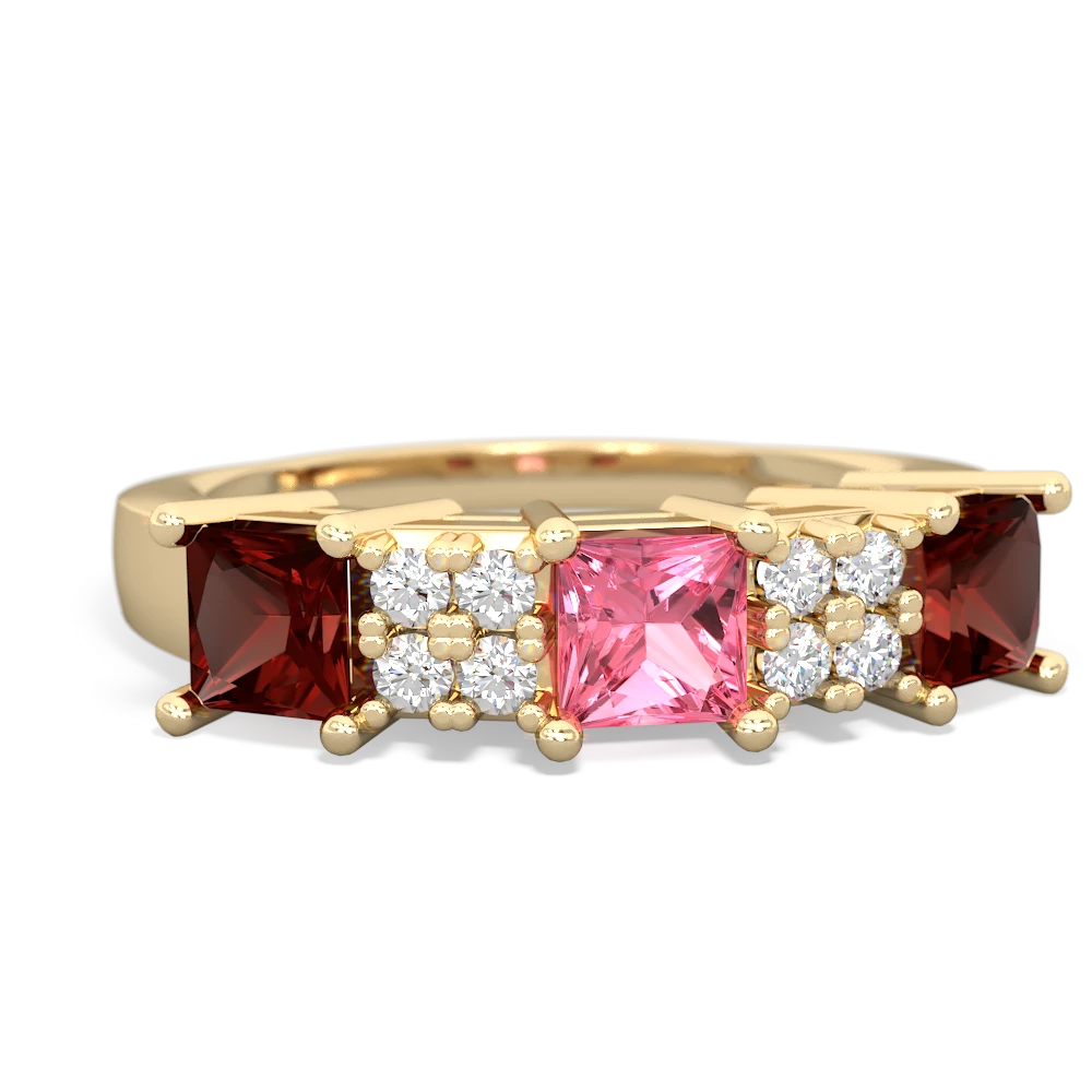 Lab Pink Sapphire Three Stone Diamond Cluster 14K Yellow Gold ring R2592