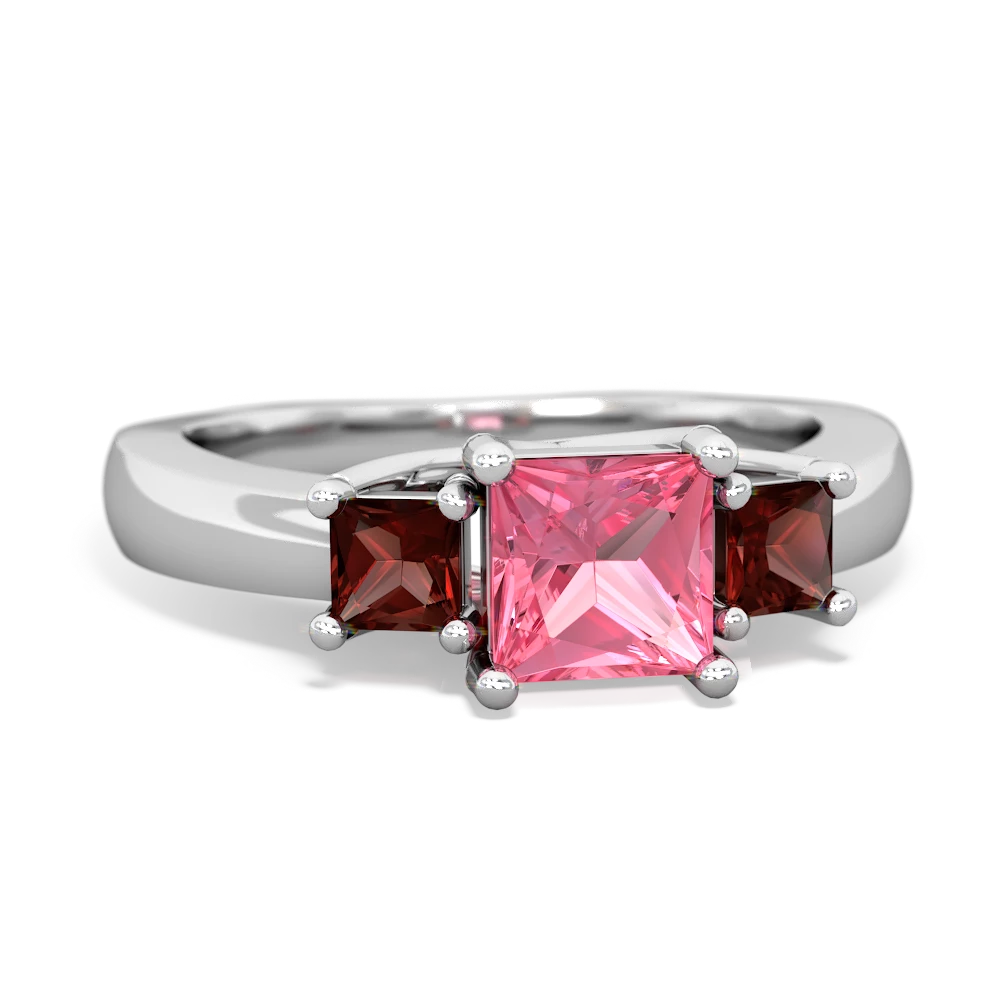 Lab Pink Sapphire Three Stone Trellis 14K White Gold ring R4015