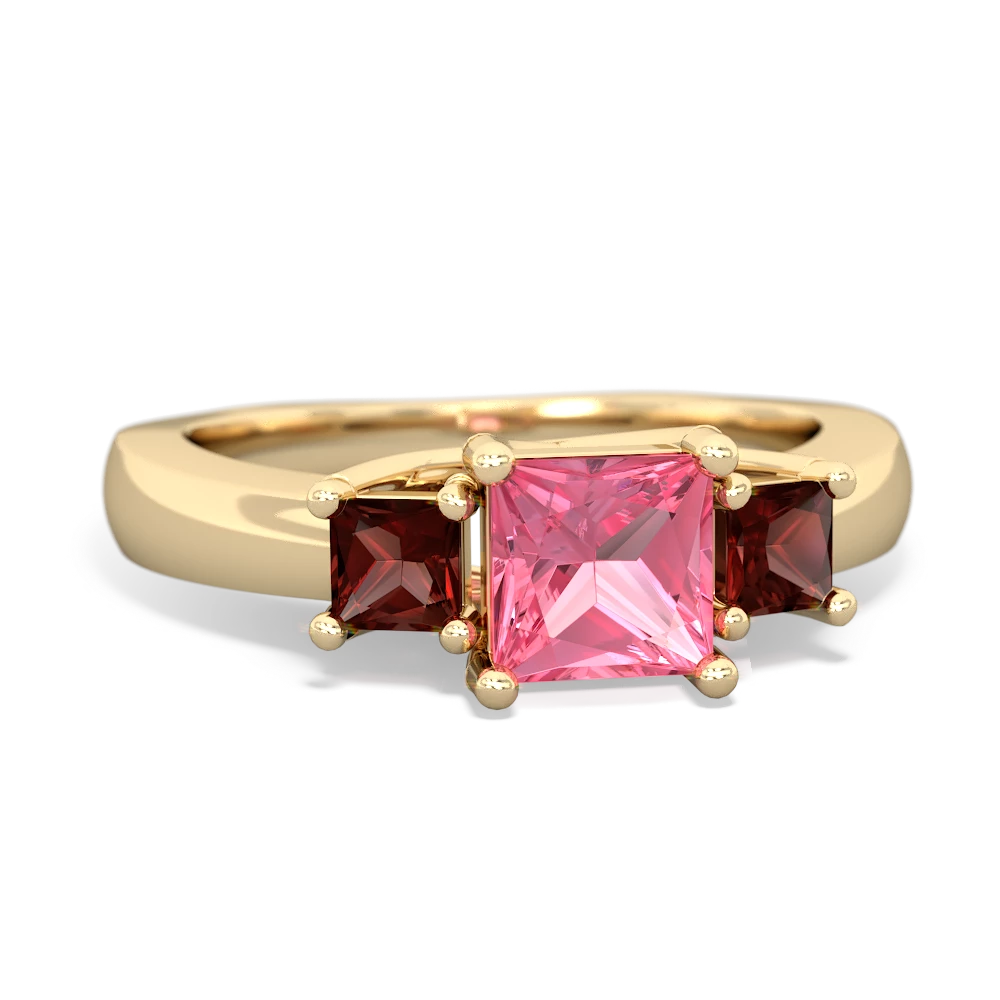 Lab Pink Sapphire Three Stone Trellis 14K Yellow Gold ring R4015