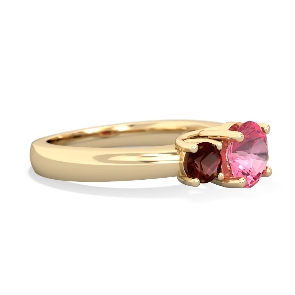 Lab Pink Sapphire Three Stone Round Trellis 14K Yellow Gold ring R4018