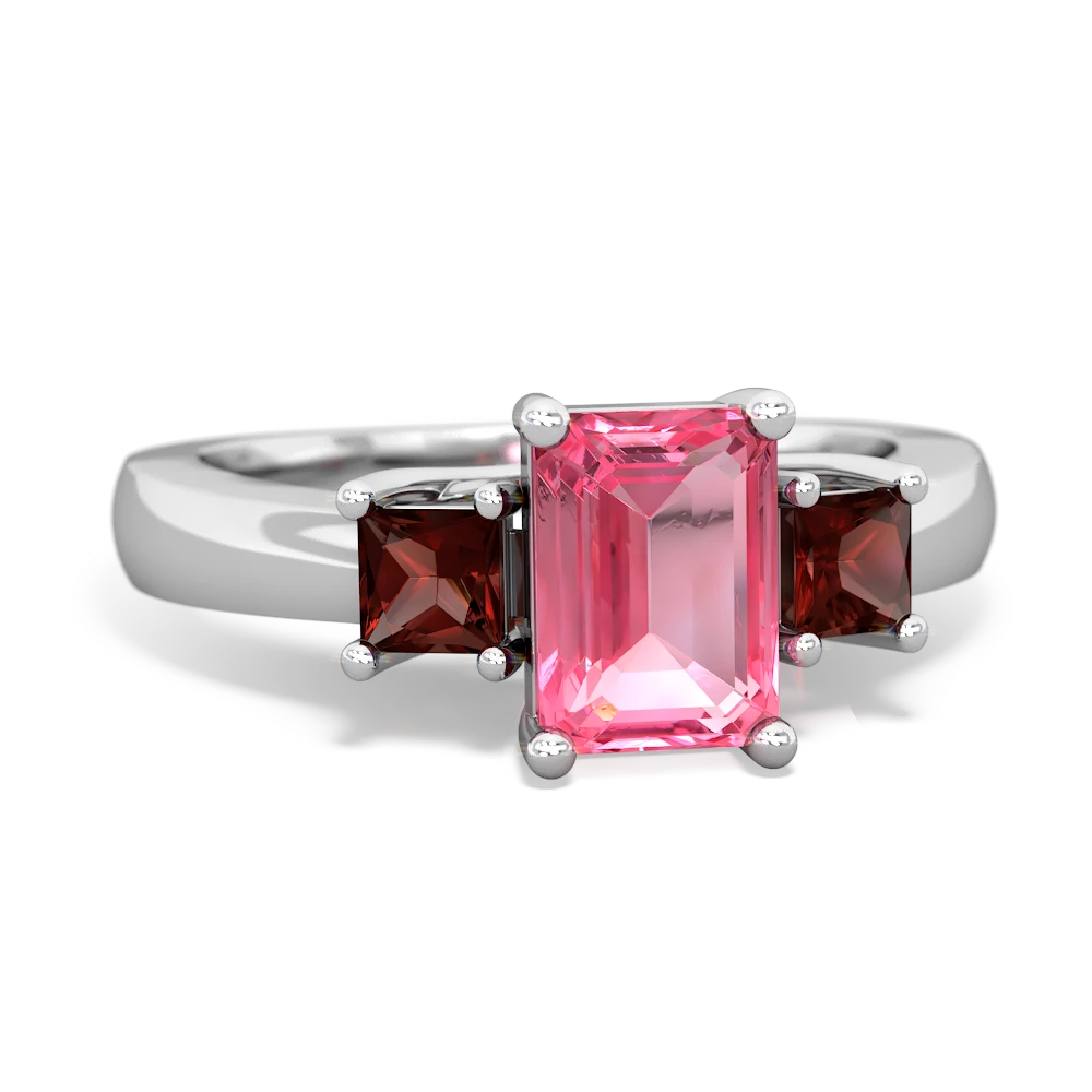 Lab Pink Sapphire Three Stone Emerald-Cut Trellis 14K White Gold ring R4021