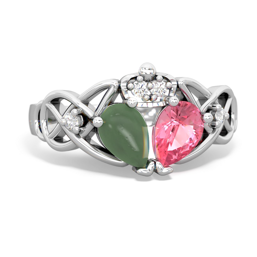 Lab Pink Sapphire 'One Heart' Celtic Knot Claddagh 14K White Gold ring R5322