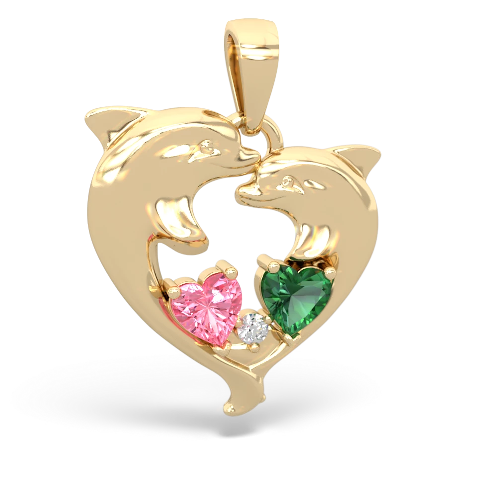 Lab Pink Sapphire Dolphin Heart 14K Yellow Gold pendant P5820