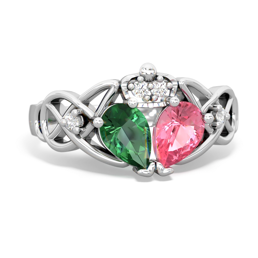 Lab Pink Sapphire 'One Heart' Celtic Knot Claddagh 14K White Gold ring R5322