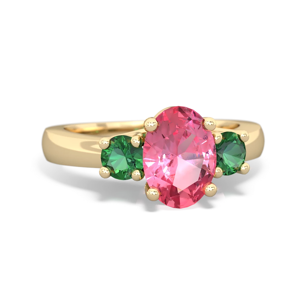 Lab Pink Sapphire Three Stone Oval Trellis 14K Yellow Gold ring R4024