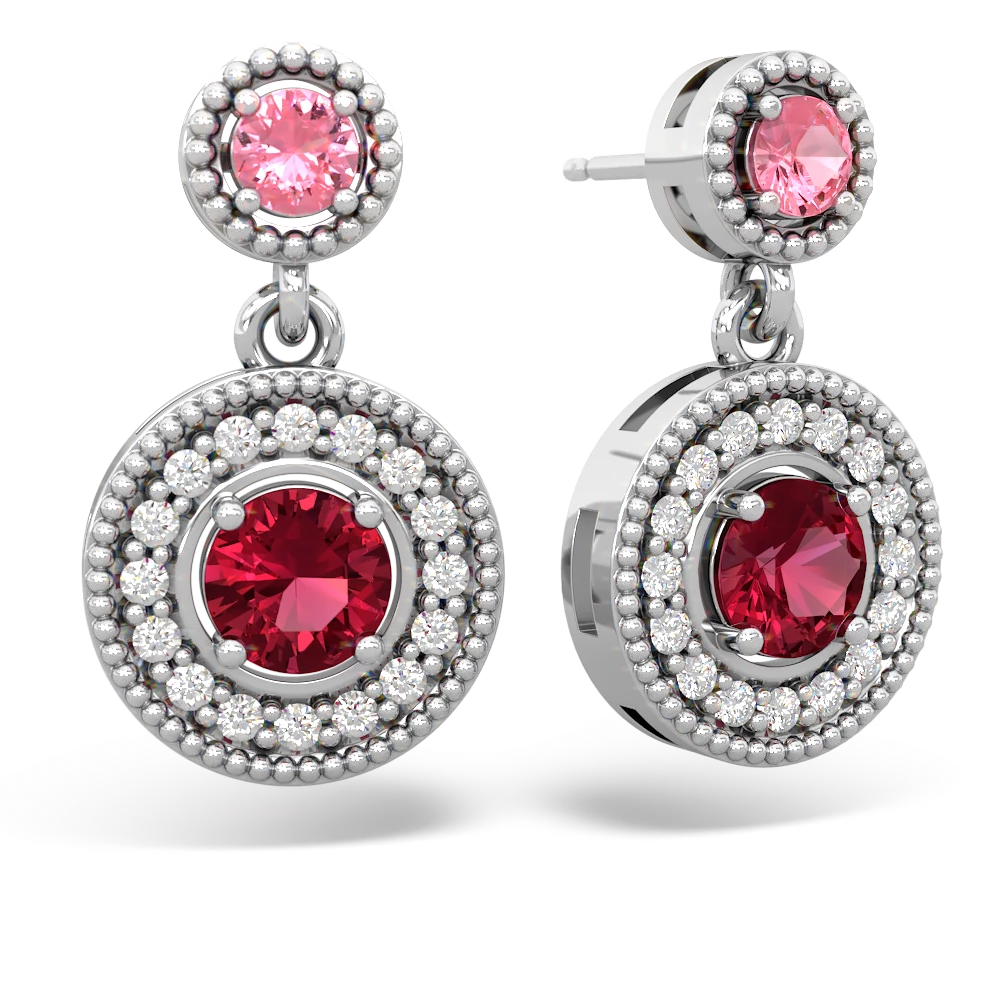 Lab Pink Sapphire Halo Dangle 14K White Gold earrings E5319