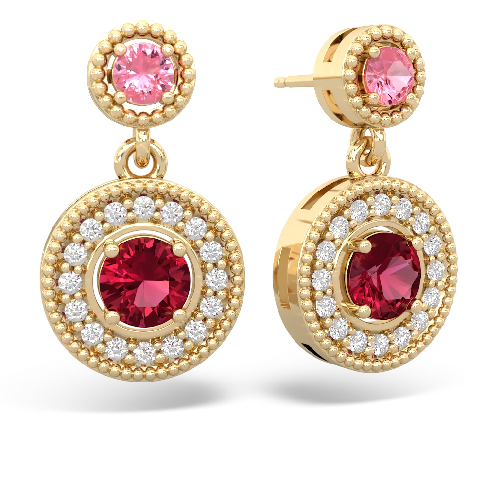 Lab Pink Sapphire Halo Dangle 14K Yellow Gold earrings E5319