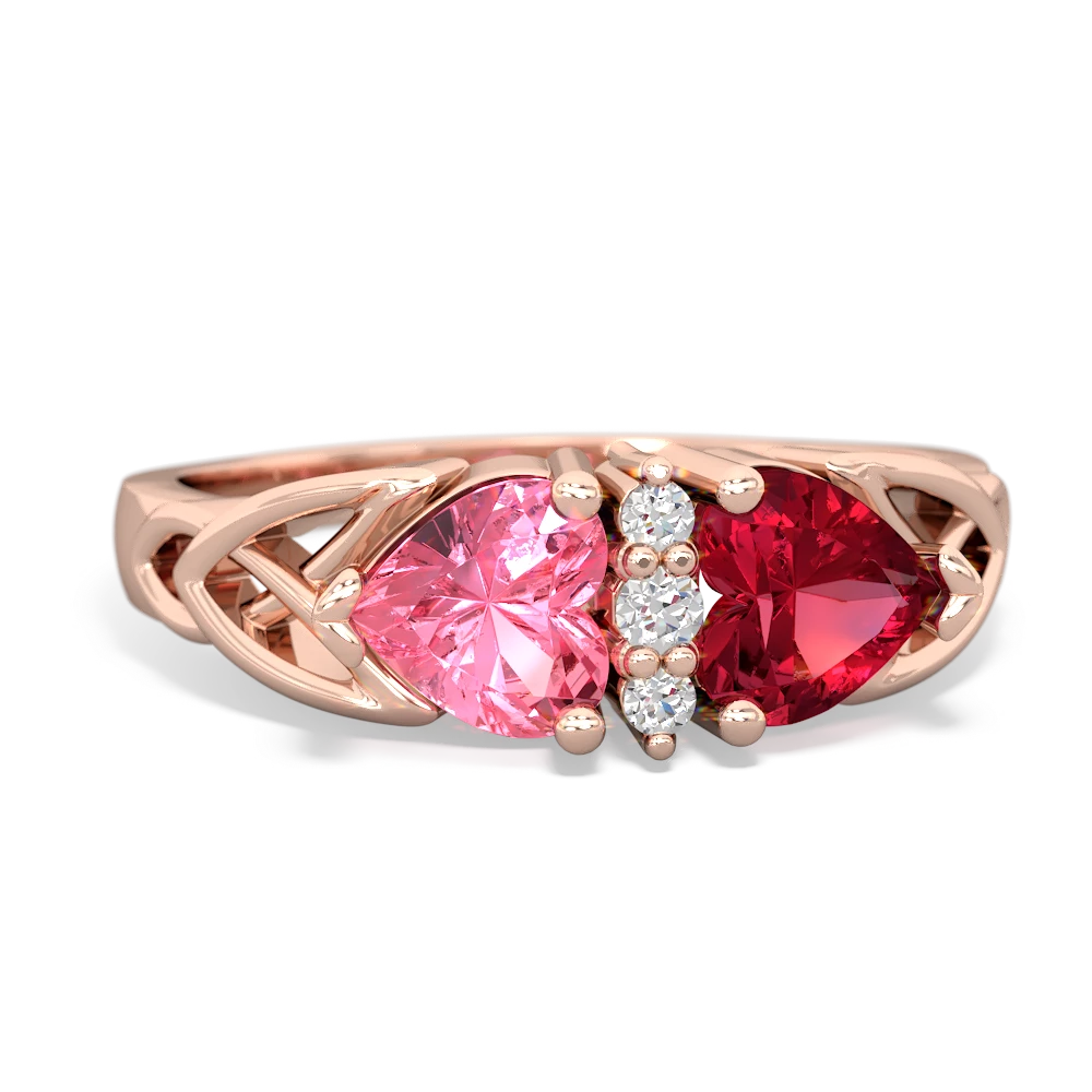 Lab Pink Sapphire Celtic Knot Double Heart 14K Rose Gold ring R5040