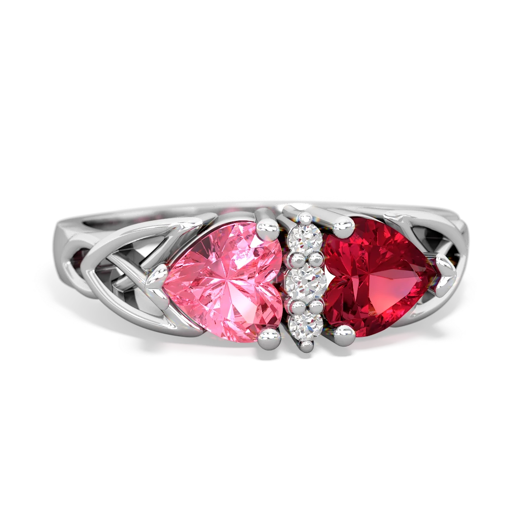 Lab Pink Sapphire Celtic Knot Double Heart 14K White Gold ring R5040