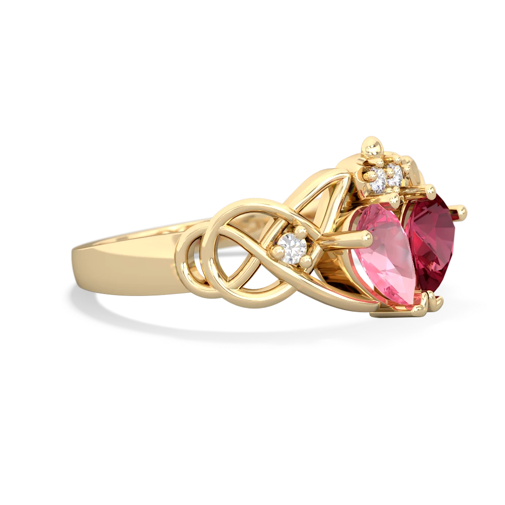 Lab Pink Sapphire 'One Heart' Celtic Knot Claddagh 14K Yellow Gold ring R5322