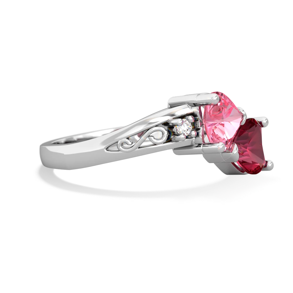 Lab Pink Sapphire Snuggling Hearts 14K White Gold ring R2178