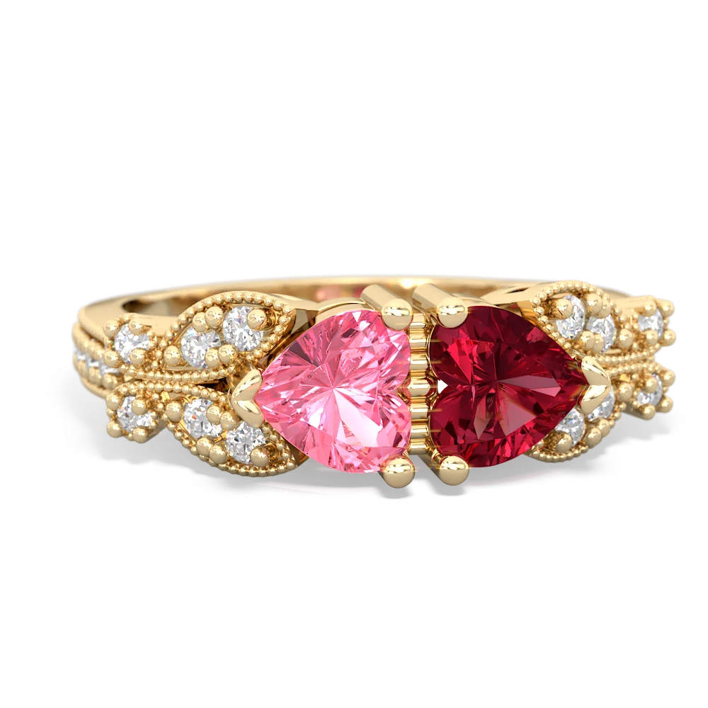 Lab Pink Sapphire Diamond Butterflies 14K Yellow Gold ring R5601