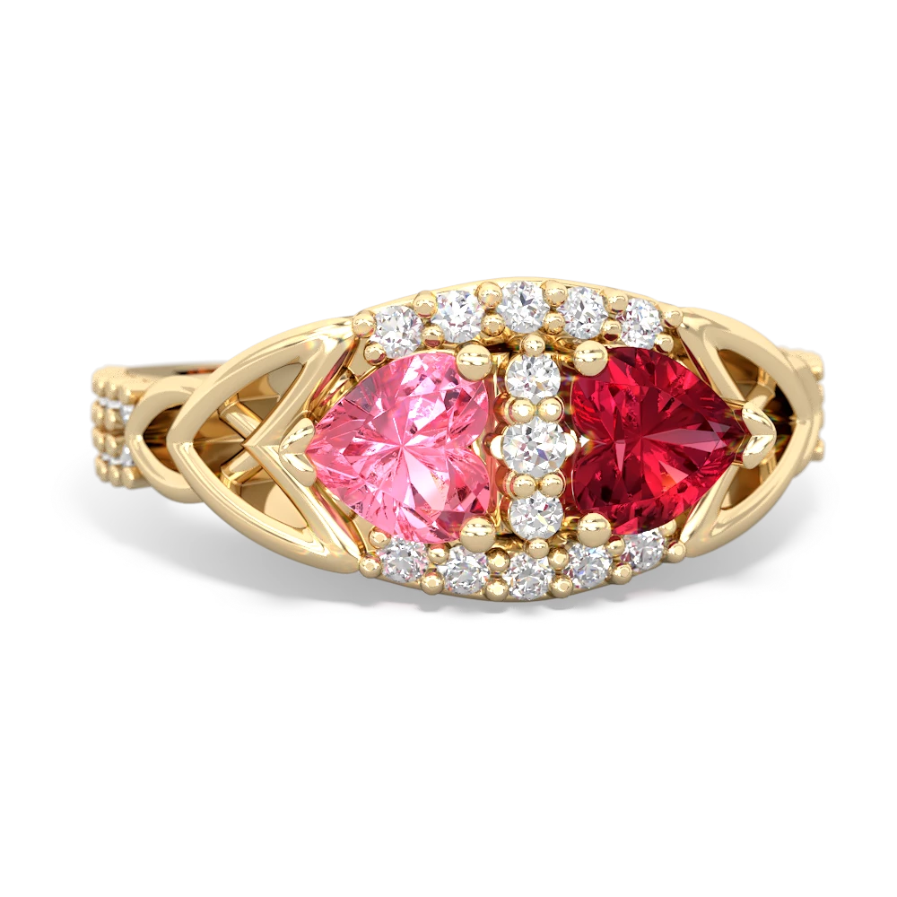 Lab Pink Sapphire Sparkling Celtic Knot 14K Yellow Gold ring R2645