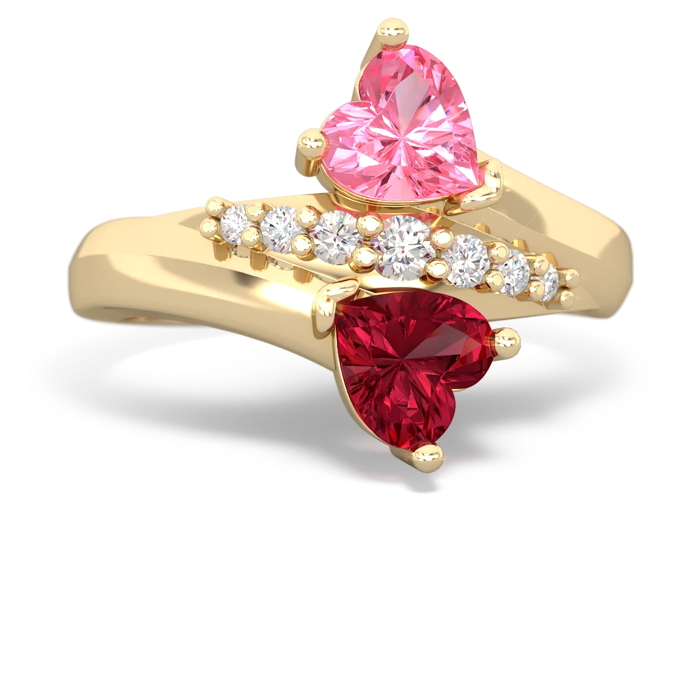 Lab Pink Sapphire Heart To Heart 14K Yellow Gold ring R2064