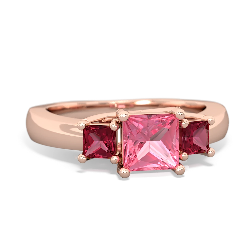 Lab Pink Sapphire Three Stone Trellis 14K Rose Gold ring R4015