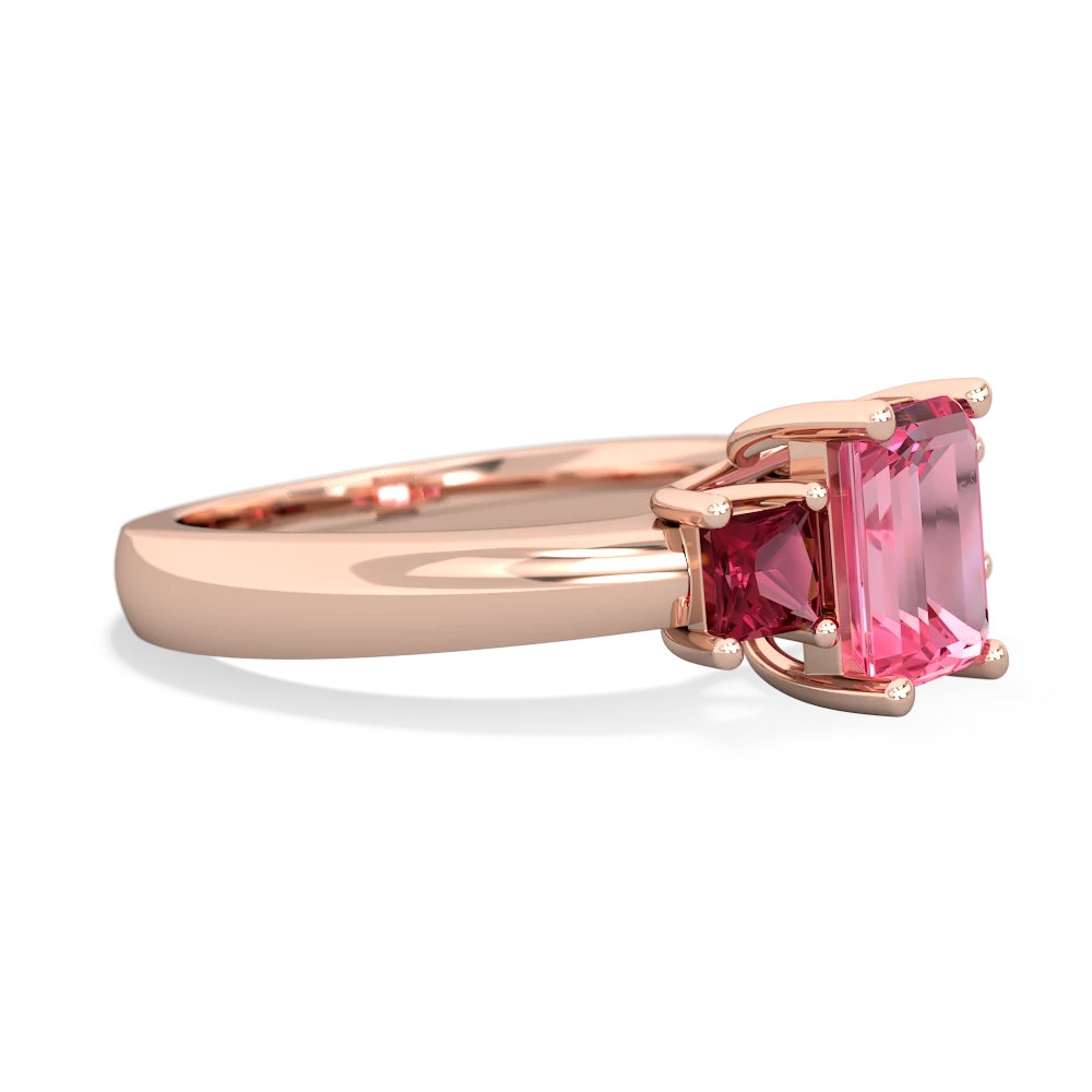 Lab Pink Sapphire Three Stone Emerald-Cut Trellis 14K Rose Gold ring R4021