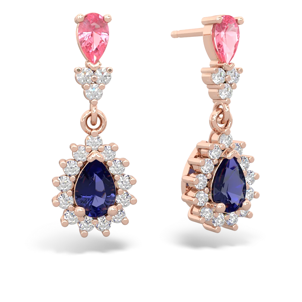 Lab Pink Sapphire Halo Pear Dangle 14K Rose Gold earrings E1882