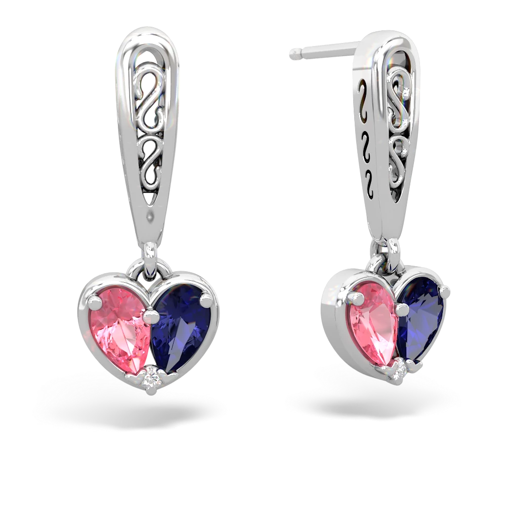 Lab Pink Sapphire Filligree Heart 14K White Gold earrings E5070