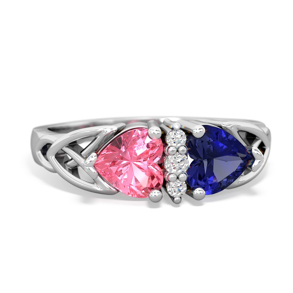 Lab Pink Sapphire Celtic Knot Double Heart 14K White Gold ring R5040