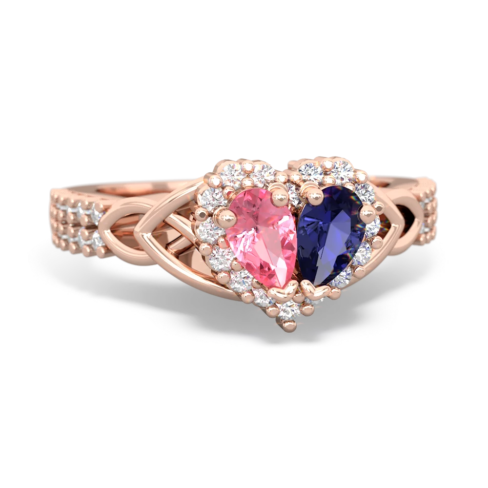 Lab Pink Sapphire Celtic Knot Two Hearts As One 14K Rose Gold ring R2644HRT