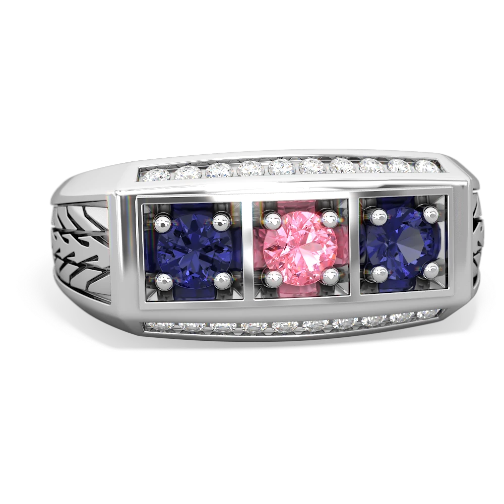 Lab Pink Sapphire Three Stone Tire Tread Men's 14K White Gold ring R0520