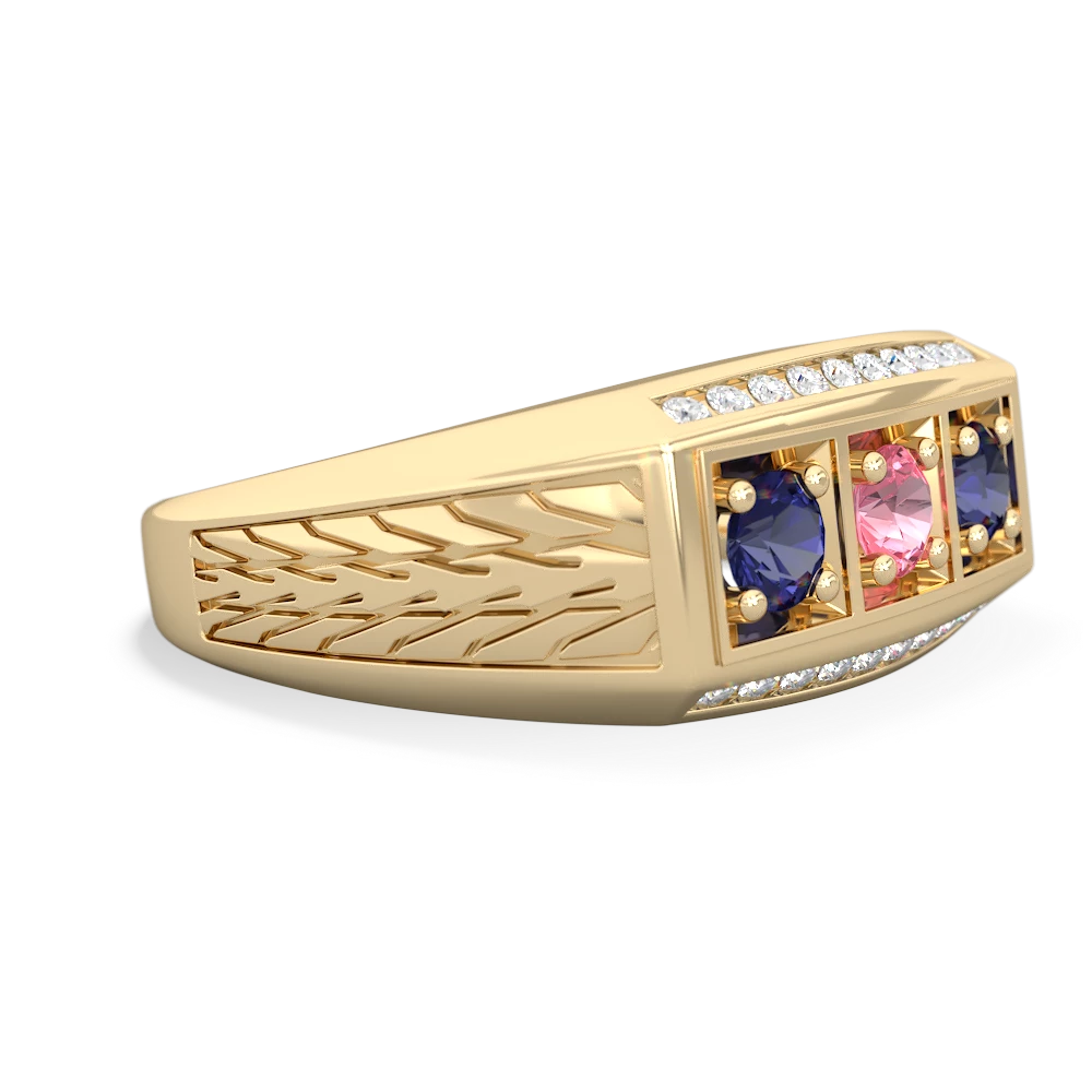 Lab Pink Sapphire Three Stone Tire Tread Men's 14K Yellow Gold ring R0520