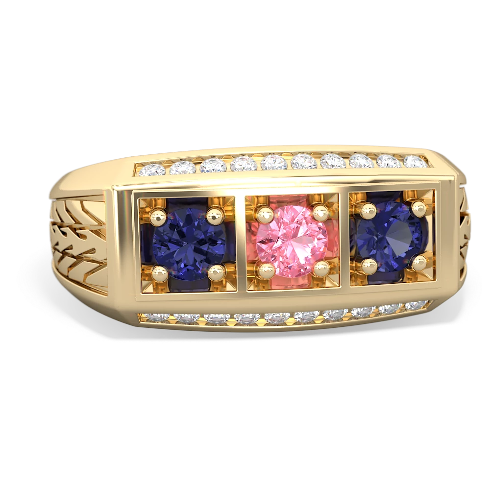 Lab Pink Sapphire Three Stone Tire Tread Men's 14K Yellow Gold ring R0520