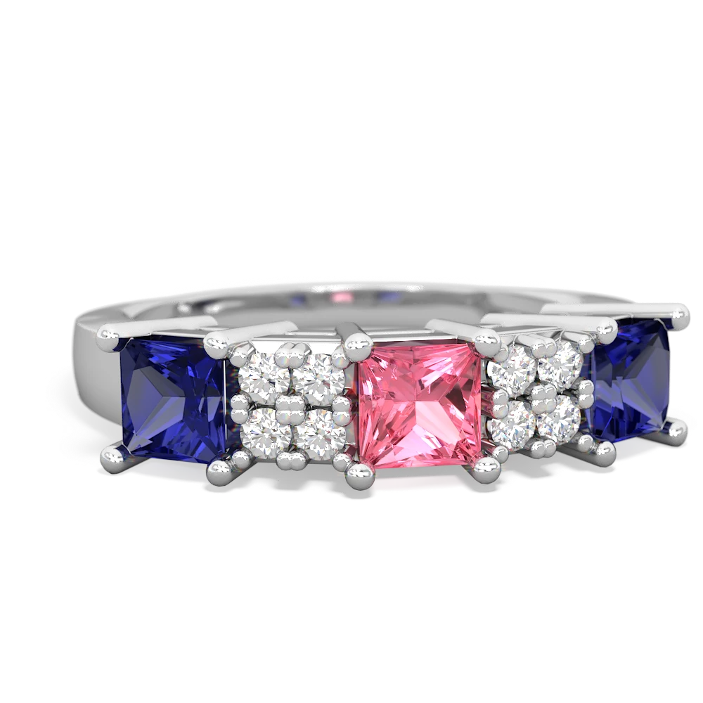 Lab Pink Sapphire Three Stone Diamond Cluster 14K White Gold ring R2592