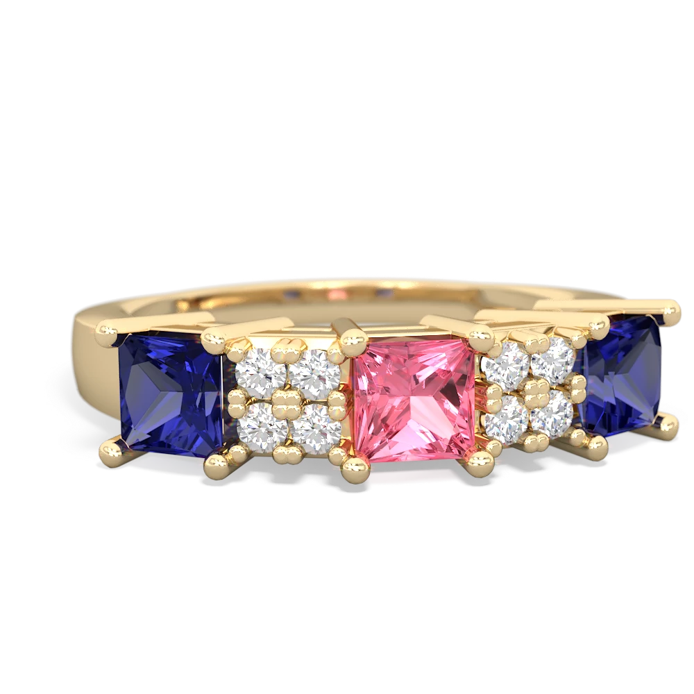 Lab Pink Sapphire Three Stone Diamond Cluster 14K Yellow Gold ring R2592