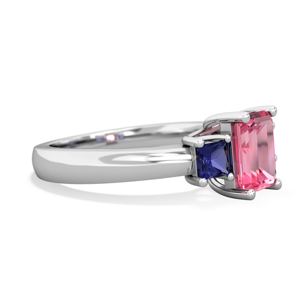 Lab Pink Sapphire Three Stone Emerald-Cut Trellis 14K White Gold ring R4021