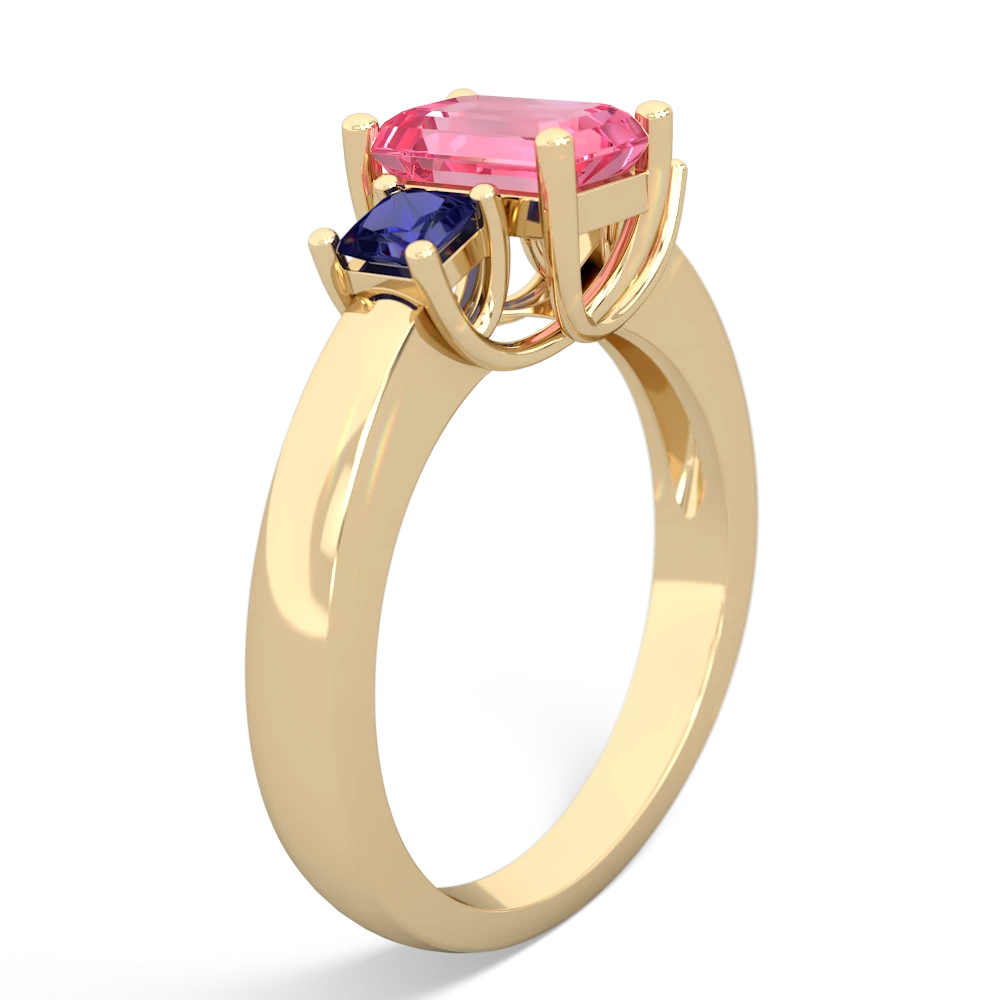 Lab Pink Sapphire Three Stone Emerald-Cut Trellis 14K Yellow Gold ring R4021