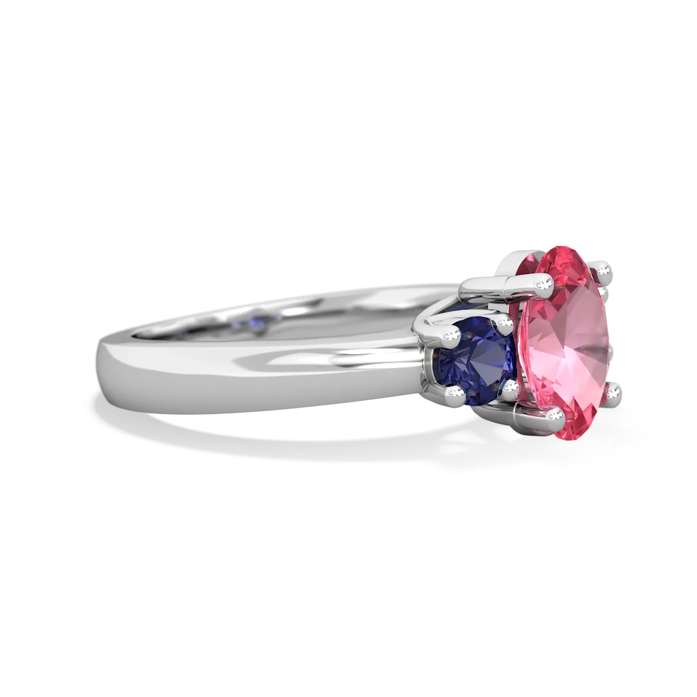 Lab Pink Sapphire Three Stone Oval Trellis 14K White Gold ring R4024