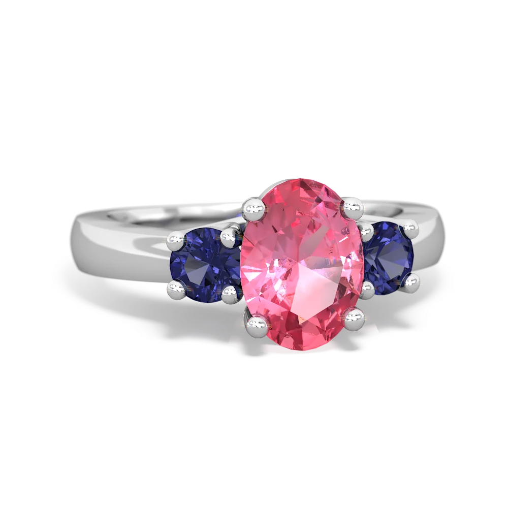 Lab Pink Sapphire Three Stone Oval Trellis 14K White Gold ring R4024