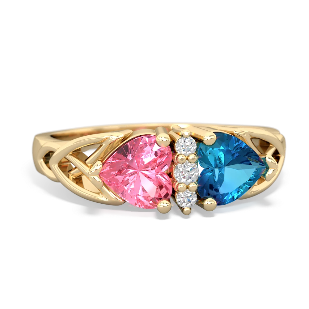 Lab Pink Sapphire Celtic Knot Double Heart 14K Yellow Gold ring R5040